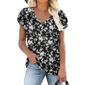 Women Black Tunics Top Short Sleeve V Neck Lightweight Casual T-Shirt